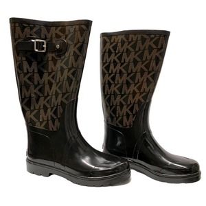 MICHAEL KORS -  Signature logo Rain boots, size 10, black w/ brown MK logos